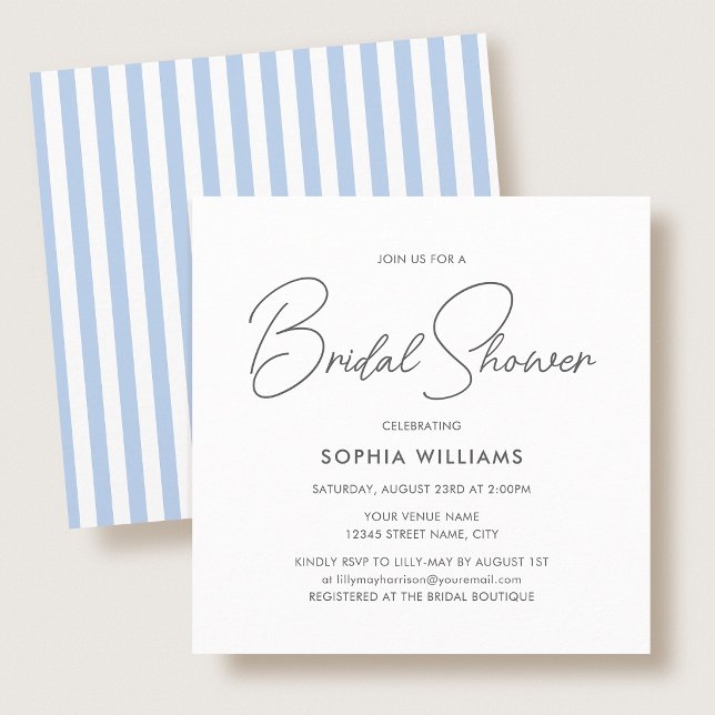 Elegant Bridal Shower Modern Script Blue Stripes Einladung (Von Creator hochgeladen)