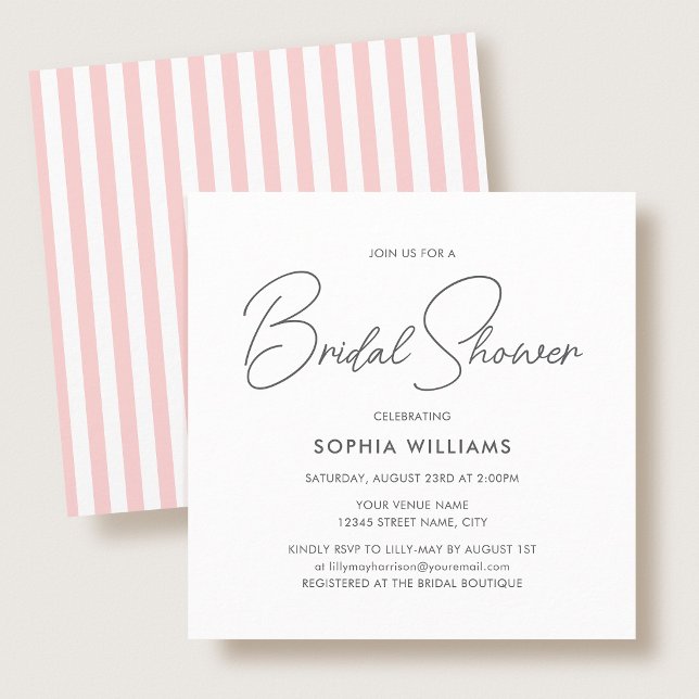Elegant Bridal Shower Modern Script Pink Stripes Einladung (Von Creator hochgeladen)