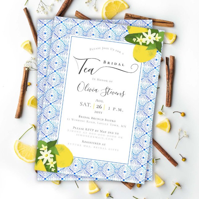 Elegant Bridal Tea Lemons Portugiesische Fliesendu Einladung (Von Creator hochgeladen)