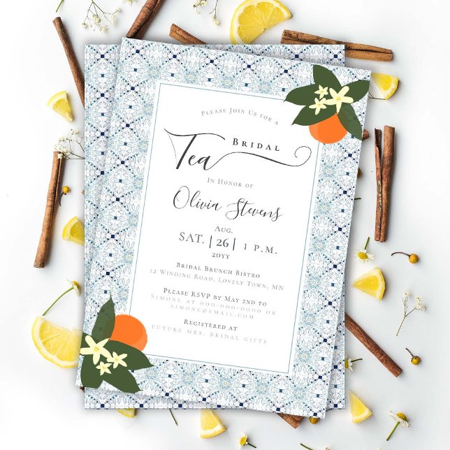 Elegant Bridal Tea Orange Portugiesische Fliesendu Einladung (Von Creator hochgeladen)