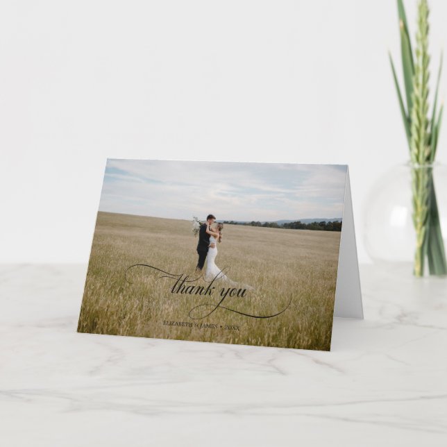 Elegant Bride Groom Calligraphy Wedding Foto Dankeskarte (Vorderseite)