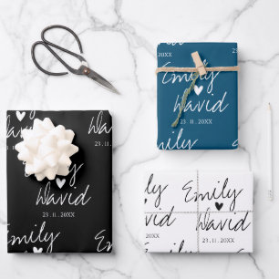 Elegant Bride Groom Names Black Blue White Wedding Geschenkpapier Set