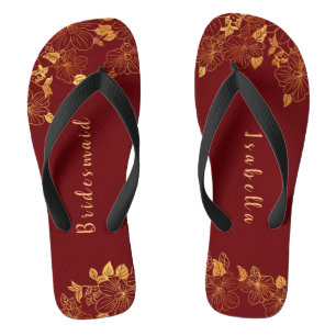 Elegant Bridesmaid Deep Burgundy & Gold Floral Flip Flops