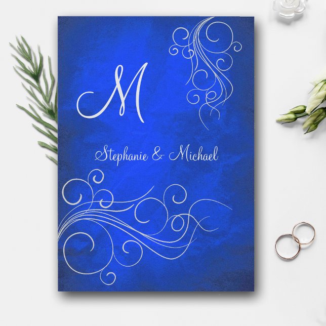 Elegant Bright Blue Silver Monogram Wedding Einladung (Von Creator hochgeladen)