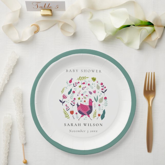 Elegant Bright Folk Farm Floral Birdie Baby Shower Pappteller (Hochzeit)