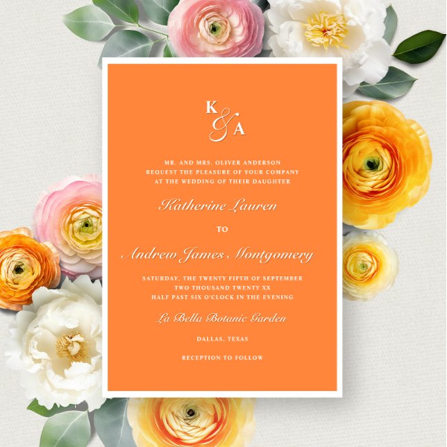 Elegant Bright Orange Monogram Bold formale Hochze Einladung (Von Creator hochgeladen)