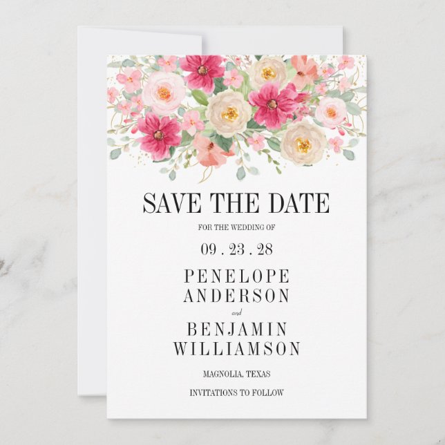 Elegant Bright Pink Floral Wedding Save The Date (Vorderseite)
