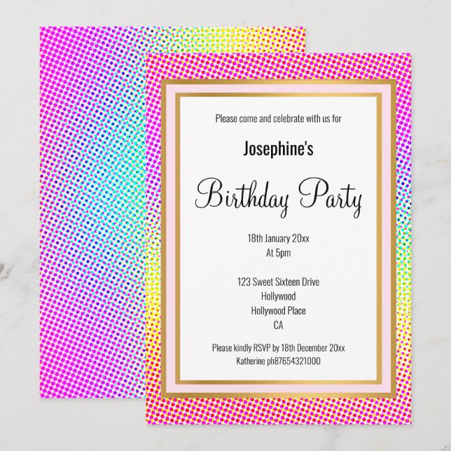 ELEGANT BRIGHT RAINBOW GOLD BIRTHDAY EINLADUNG (Vorne/Hinten)