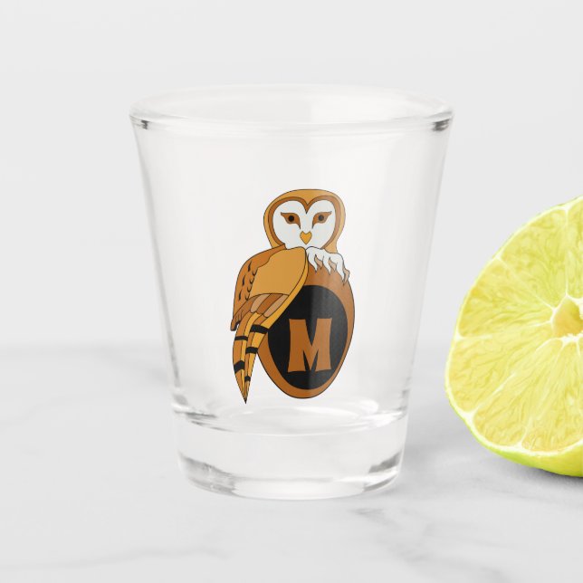 Elegant British Barn Owl Monogram Schnapsglas (Vorderseite)