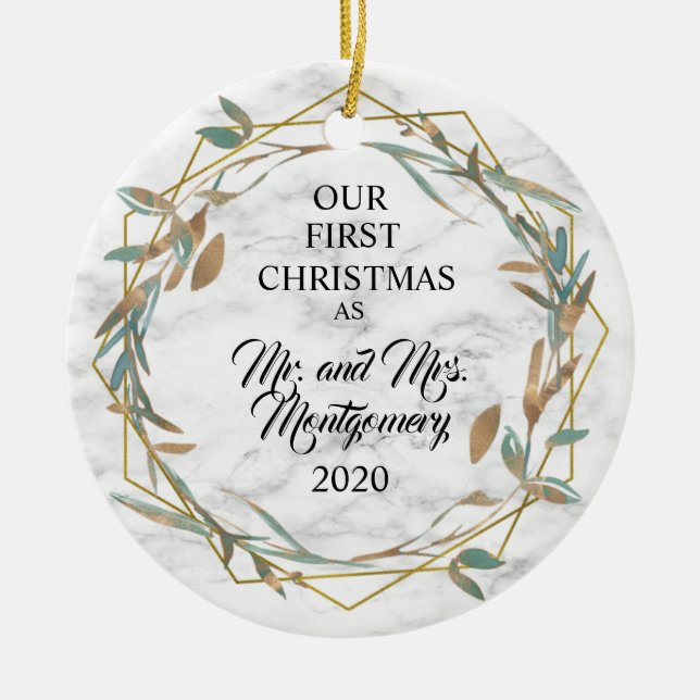 Elegant Bronze Greenery Verheiratete Weihnachten Keramik Ornament (Vorne)