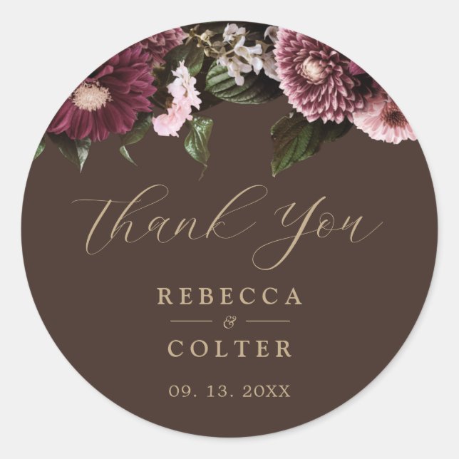 Elegant Brown Burgundy Floral Wedding Runder Aufkleber (Vorderseite)