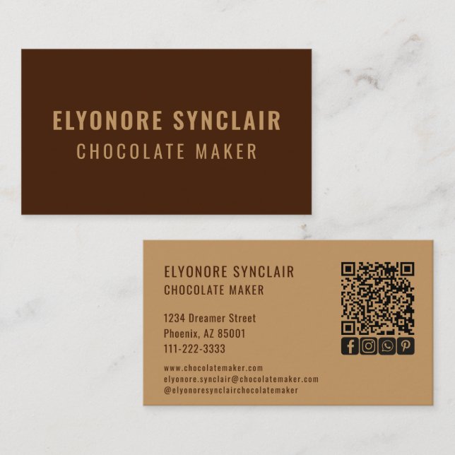 Elegant Brown Chocolate Maker Social Icon QR Code  Visitenkarte (Vorne/Hinten)