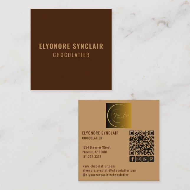 Elegant Brown Chocolatier Social Logo QR Code  Quadratische Visitenkarte (Vorne/Hinten)