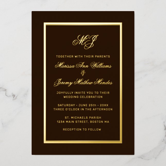 Elegant Brown Gold Calligraphy Script Wedding Folieneinladung (Vorderseite)