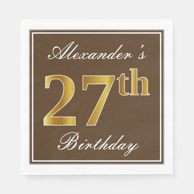 Elegant Brown, Imitate Gold 27. Geburtstag + Name Serviette (Vorderseite)