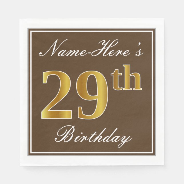 Elegant Brown, Imitate Gold 29. Geburtstag + Name Serviette (Vorderseite)