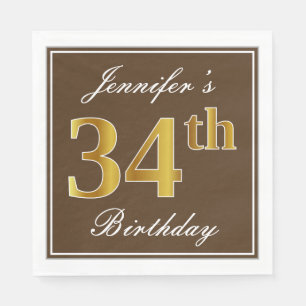 Elegant Brown, Imitate Gold 34. Geburtstag + Name Serviette