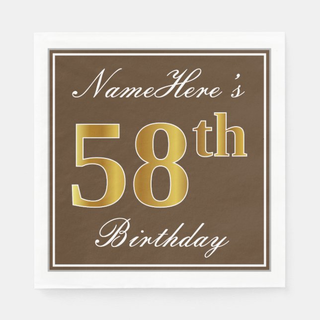 Elegant Brown, Imitate Gold 58. Geburtstag + Name Serviette (Vorderseite)
