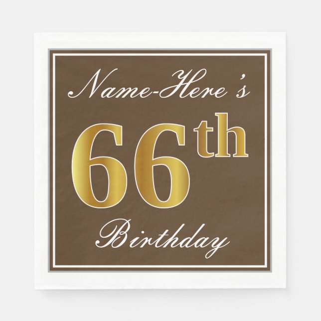 Elegant Brown, Imitate Gold 66. Geburtstag + Name Serviette (Vorderseite)