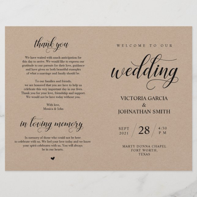 Elegant Brown Kraft, Wed Zeremony Foldable Program (Vorderseite)