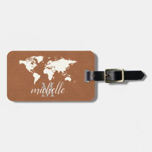 Elegant Brown Leather Travel World - Map Airplane Gepäckanhänger