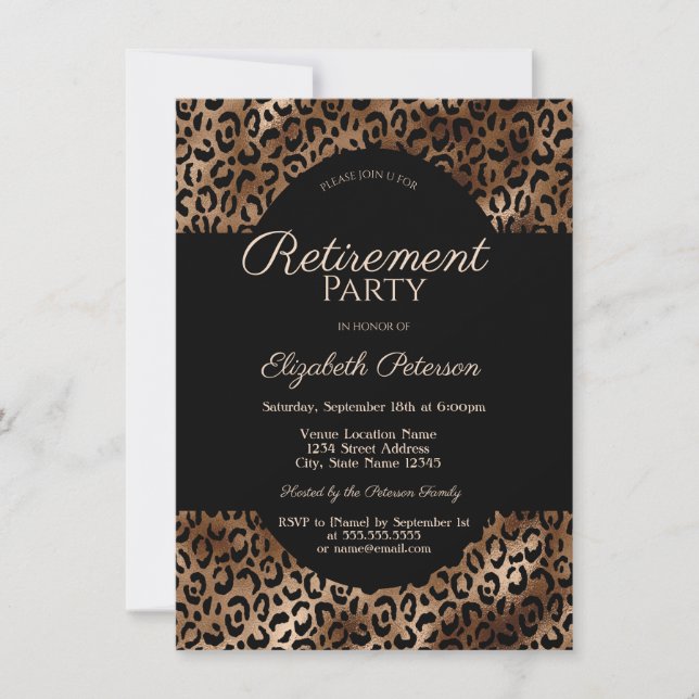 Elegant Brown Leopard Print Retirement Party Einladung (Vorderseite)