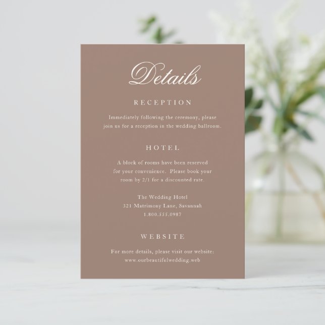 Elegant Brown Romantic Wedding Begleitkarte (Stehend Vorderseite)