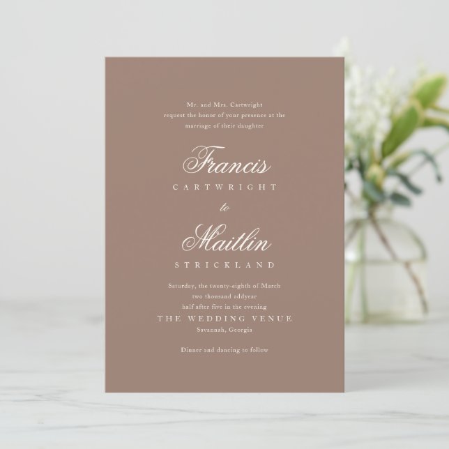 Elegant Brown Romantic Wedding Einladung (Stehend Vorderseite)