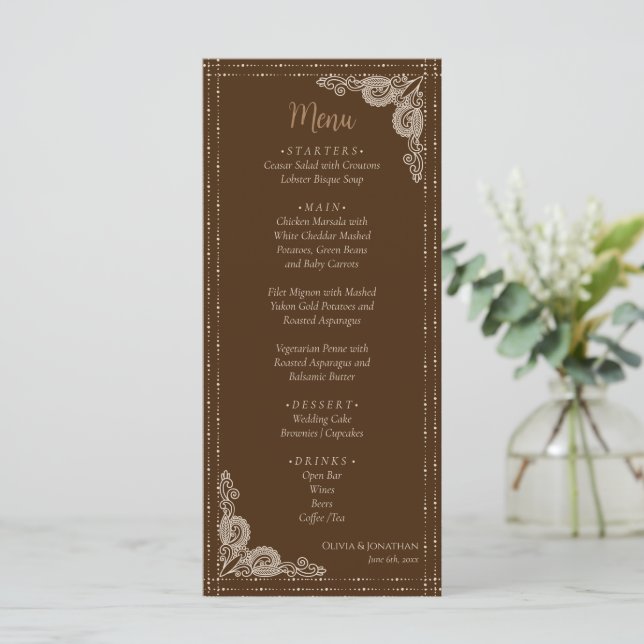 Elegant Brown verziert Wedding Menükarte (Stehend Vorderseite)