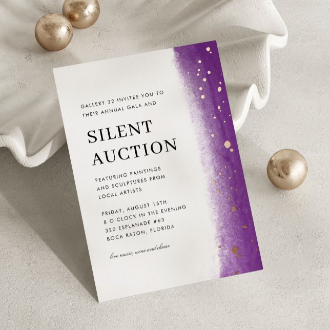 Elegant Brush Stroke Gala & Silent Auction Purple Folieneinladung (purple elegant gala night and silent auction invitation)