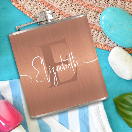 Elegant Brushed Copper Metal Script Monogrammed Flachmann