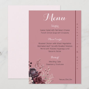 Elégant Burgandy Dusty Rose Floral Mariage Menu