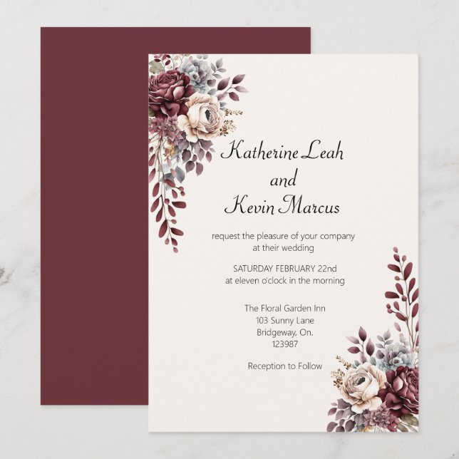 Elegant Burgandy Floral Einladung (Vorne/Hinten)