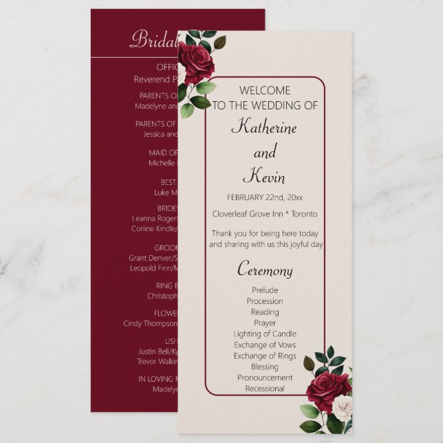 Elegant Burgandy Ivory Cream Floral Wedding Programm (Vorne/Hinten)