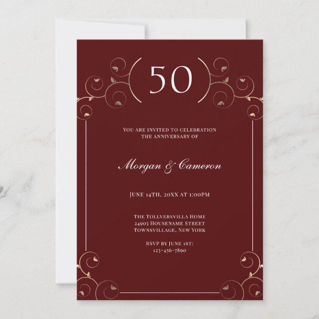 Elegant Burgund 50. Hochzeitstag Einladung (Vorderseite)