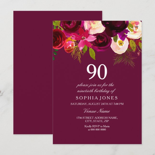 Elegant Burgund Blume 90. Geburtstag Einladung (Vorne/Hinten)