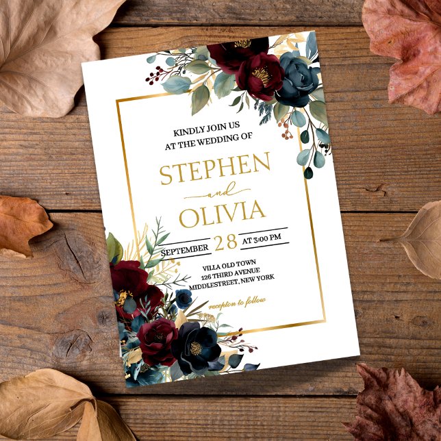 Elegant Burgund Blumen Hochzeit & Grün Einladung (Von Creator hochgeladen)