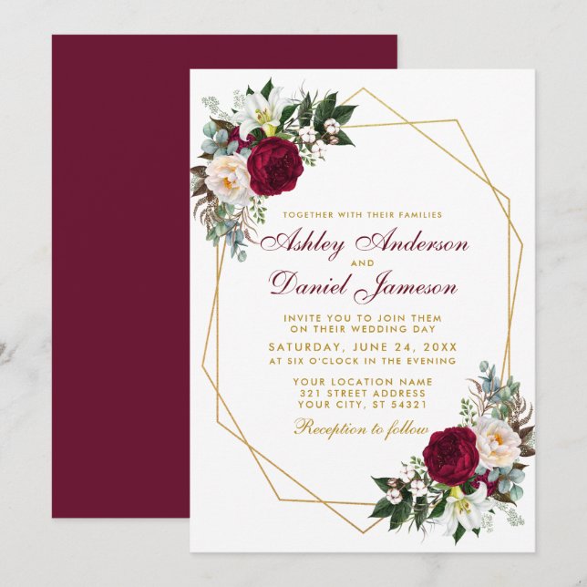 Elegant Burgund Blumengrün Gold Wedding Einladung (Vorne/Hinten)