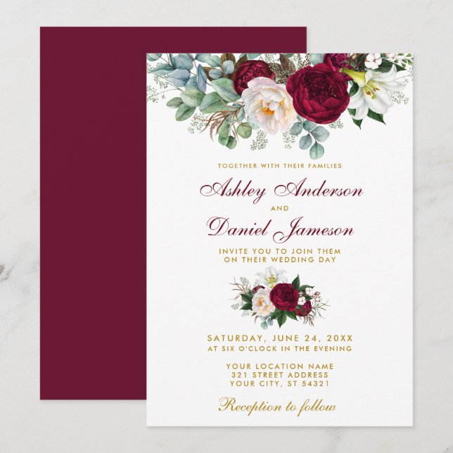 Elegant Burgund Blumengrün Wedding Gold Einladung (Vorne/Hinten)