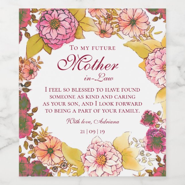 Elegant Burgund Floral Mutter im Gesetz Hochzeitsg Weinetikett (Einzelnes Label)