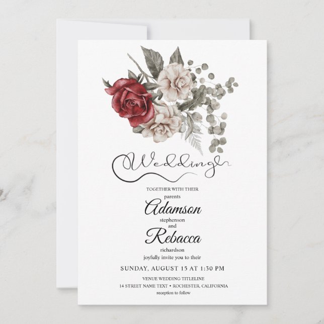Elegant Burgund Floral Rustikale Hochzeitseinladun Ankündigung (Vorderseite)