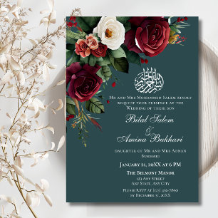 Elegant Burgund und Weiße Rosen florale islamische Einladung