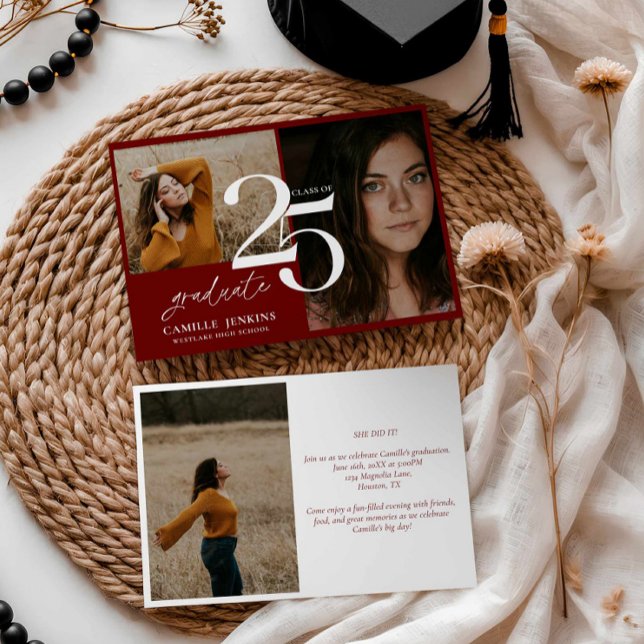 Elegant Burgundy Abschluss Class 2025 Party Einladung (Burgundy Graduation Photo Card)