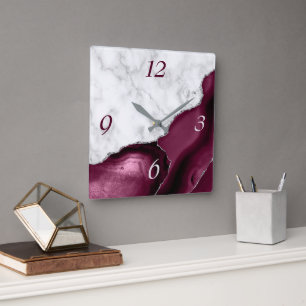 Elegant Burgundy Agate Silver Glitter Marble Quadratische Wanduhr