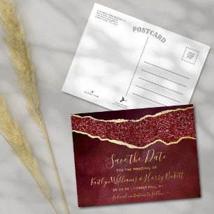 Elegant Burgundy Agate Wedding Save the Date Real Folie Einladungspostkarte