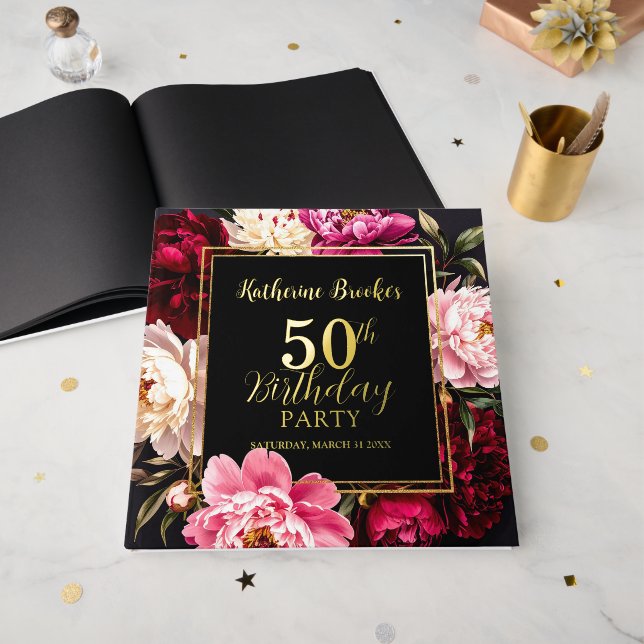 Elegant Burgundy and Blush Peony Floral Birthday Gästebuch (Vorderseite Offen)