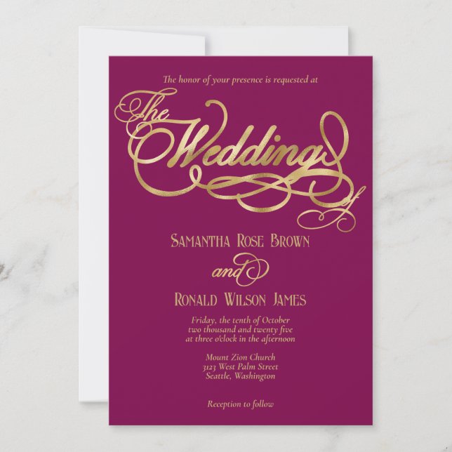 Elegant Burgundy and Faux Gold Calligraphy Wedding Einladung (Vorderseite)