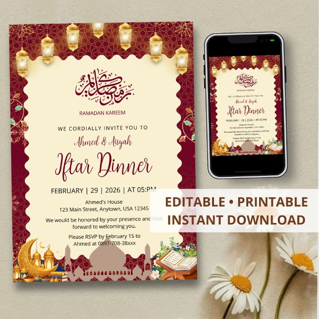 Elegant Burgundy and Gold Iftar Invitation Lantern Einladung (Von Creator hochgeladen)