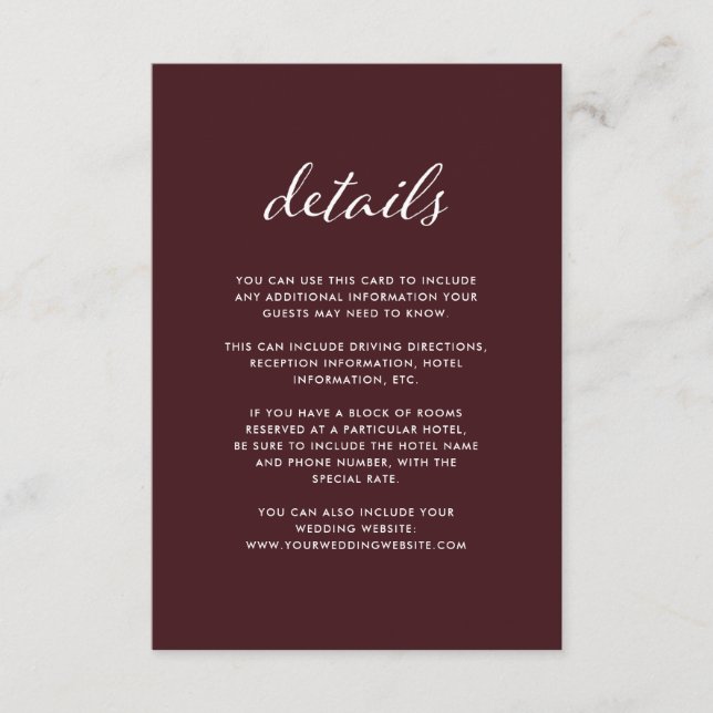 Elegant Burgundy | Angaben zum Hochzeitgast Begleitkarte (Vorderseite)