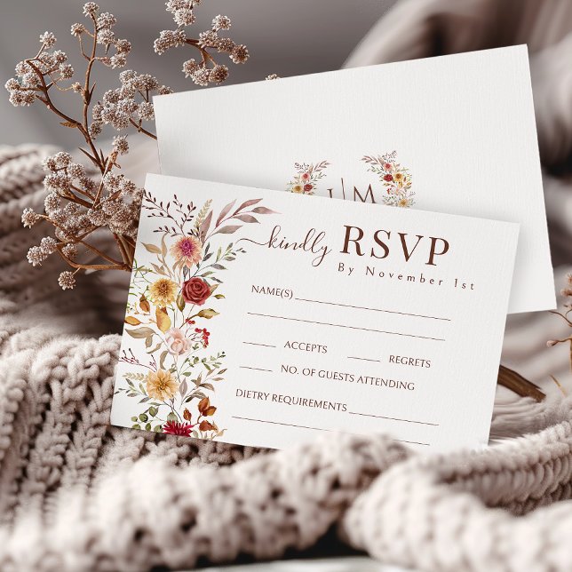 Elégant Burgundy Automne Floral Wedding Cartes RSV (Créateur téléchargé)